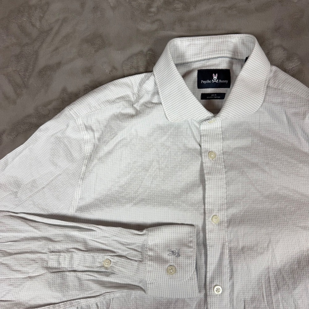 Psycho Bunny Mens Slim Fit Dress Shirt 16 34/35 White Blue Micro Dot Stretch